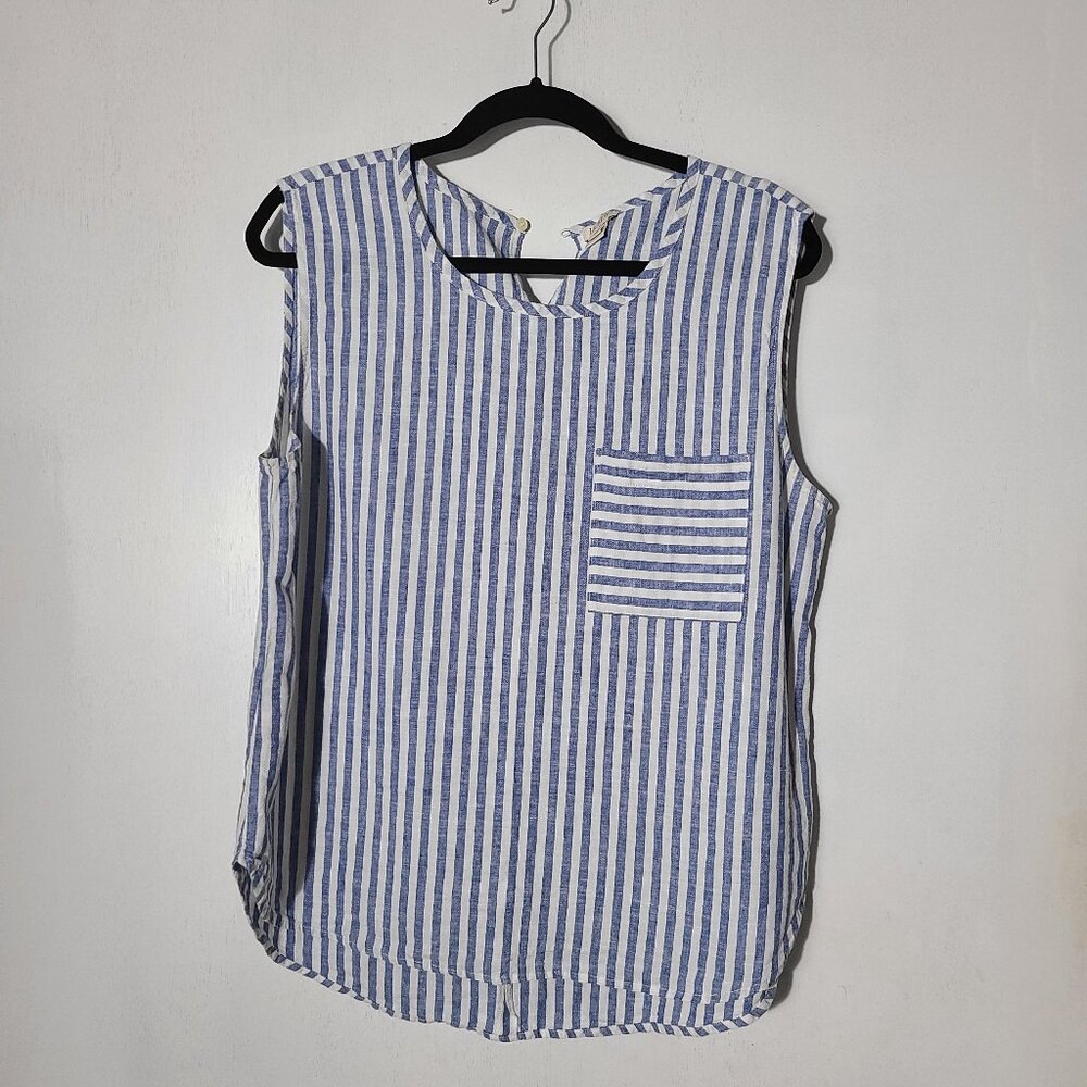J Crew Blue and White Linen cotton Blend Tank with Scoop Hem and pocket Size 14